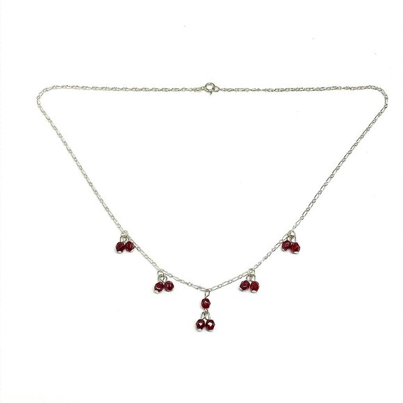 Foxy Deep Red Crystal Negligee Necklace Sterling Silver Beaded Choker Necklace - Picture 4 of 7